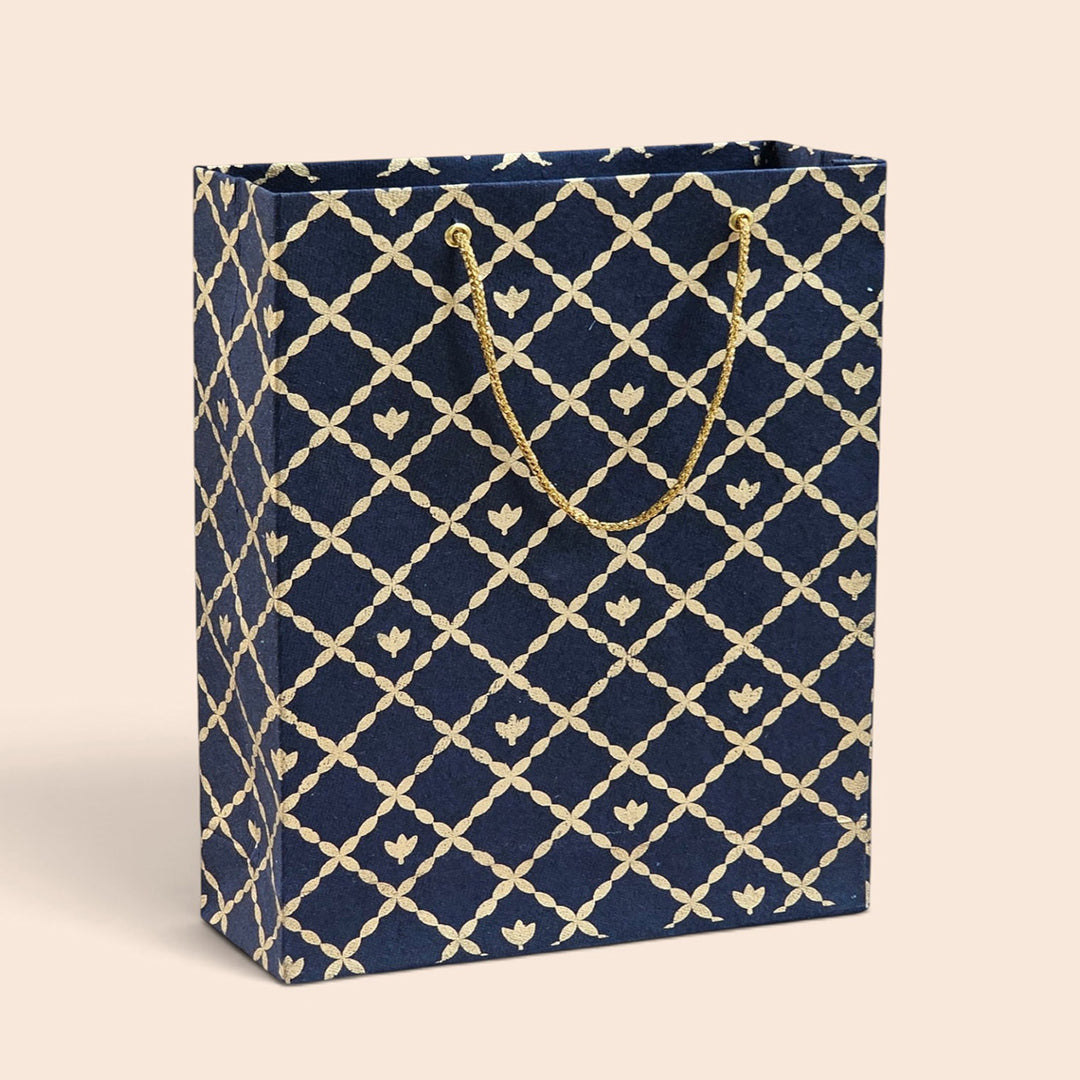 "Box Flower Maze" Handmade Golden Screen Printed Medium Paper Bag For Festive Gifting