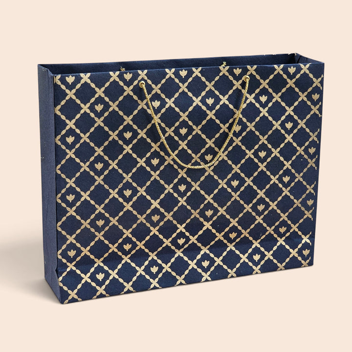 "Box Flower Maze" Handmade Golden Screen Printed Large Paper Bag For Festive Gifting