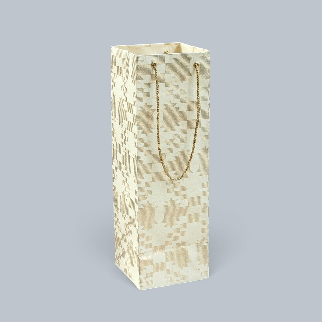 "Maze Puzzle" Jamdani Handmade Golden Screen Printed Bottle Paper Bag For Festive Gifting