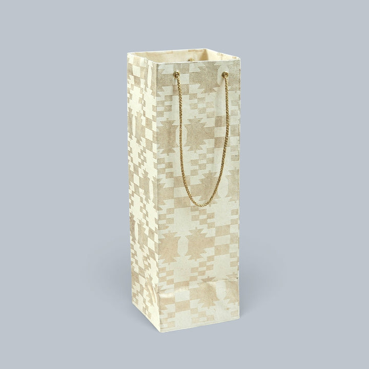 "Maze Puzzle" Jamdani Handmade Golden Screen Printed Bottle Paper Bag For Festive Gifting