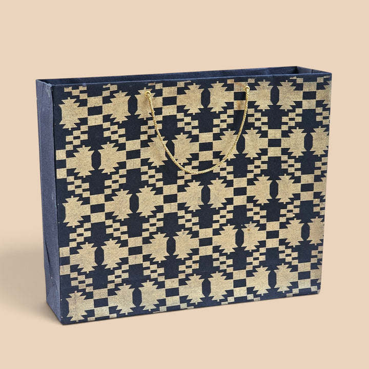 "Maze Puzzle Jamdani" Handmade Golden Screen Printed Large Paper Bag For Festive Gifting