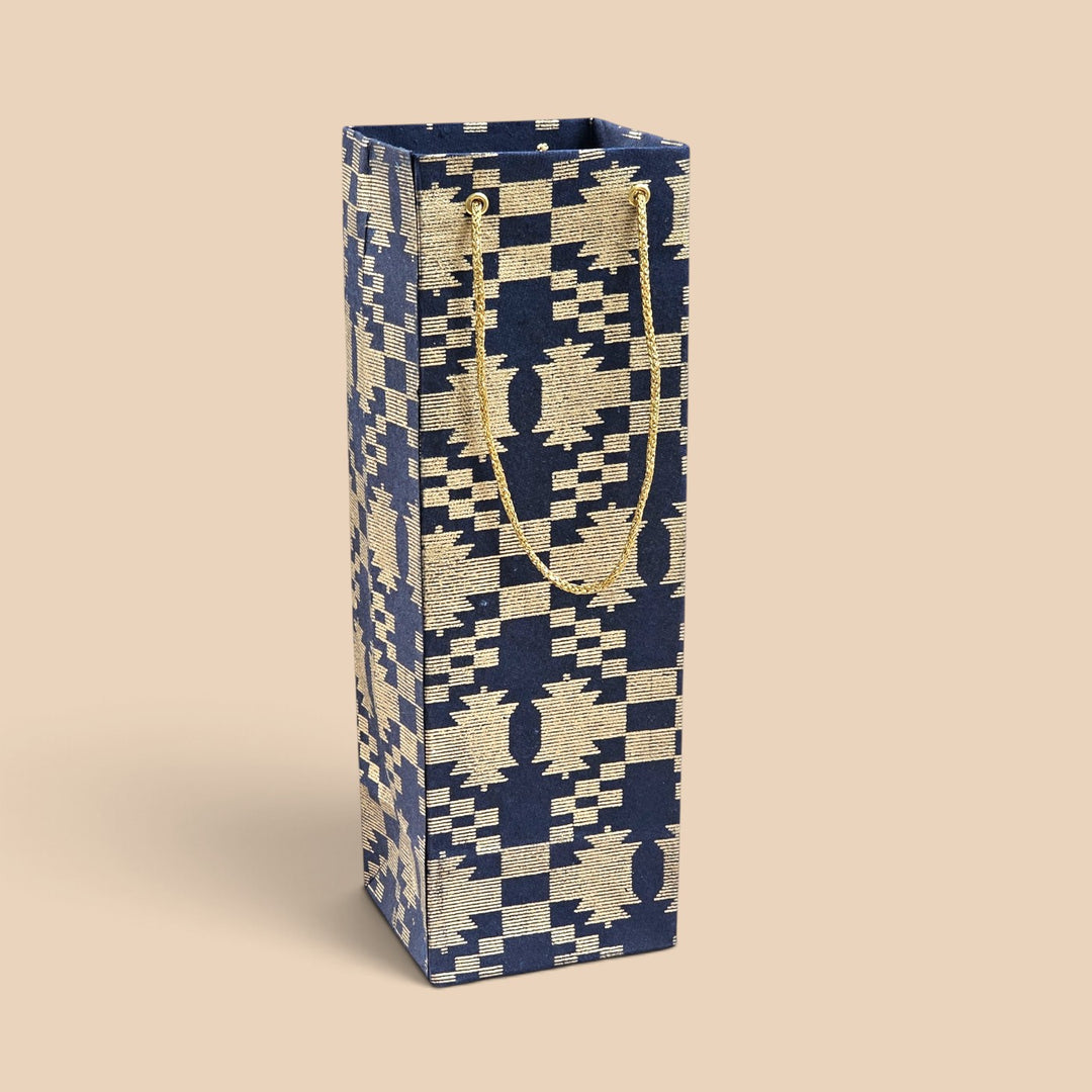 "Maze Puzzle" Jamdani Handmade Golden Screen Printed Bottle Paper Bag For Festive Gifting