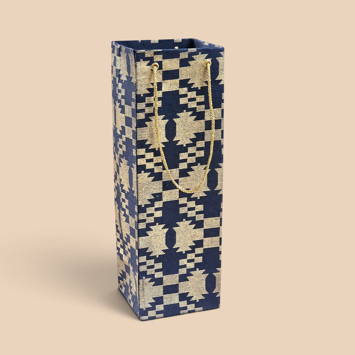 "Maze Puzzle" Jamdani Handmade Golden Screen Printed Bottle Paper Bag For Festive Gifting