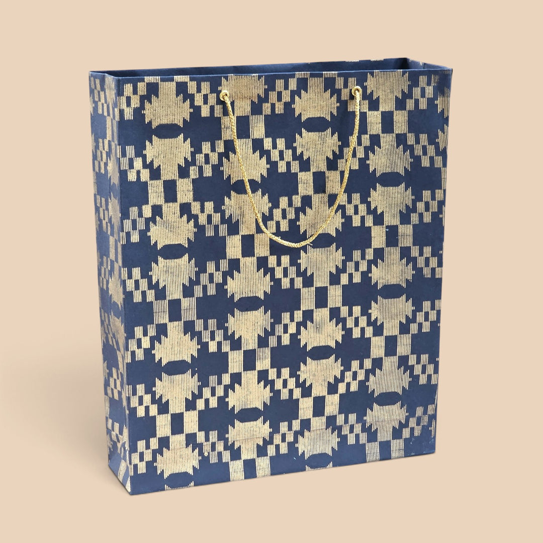 "Maze Puzzle" Jamdani Handmade Golden Screen Printed Medium Paper Bag For Festive Gifting