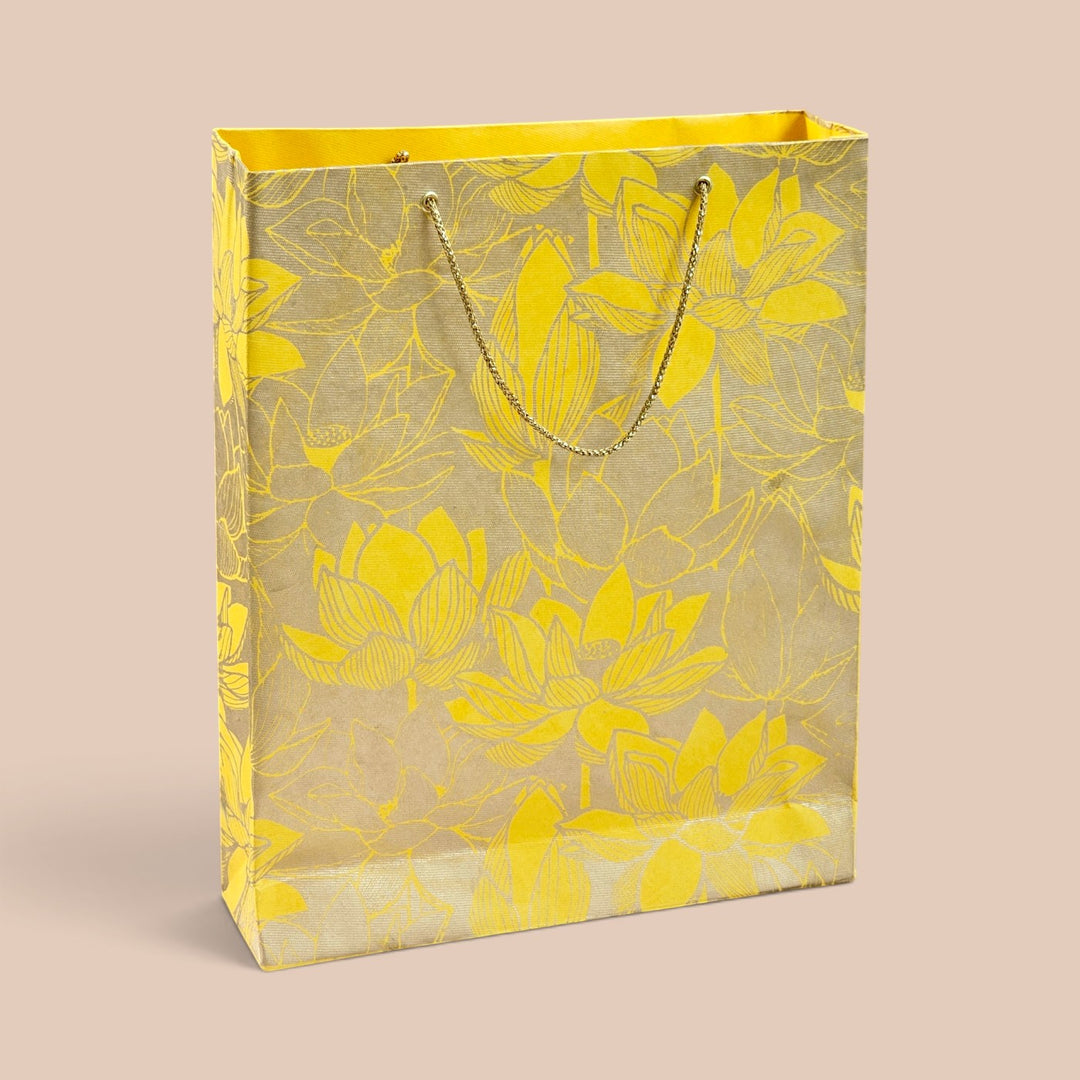 "Lotus" Handmade Golden Screen Printed Medium Paper Bag For Festive Gifting