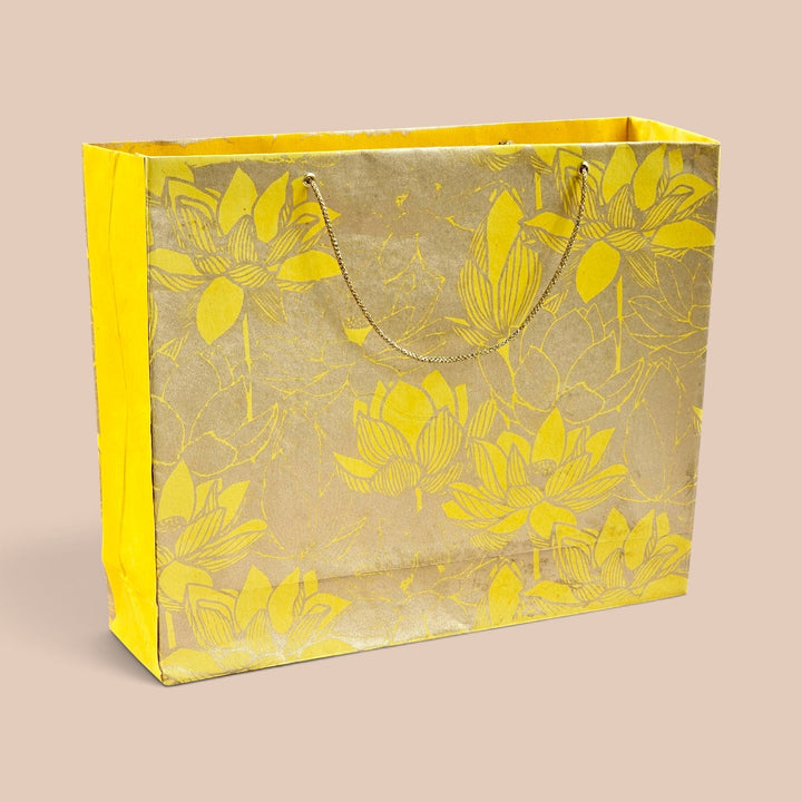"Lotus" Handmade Golden Screen Printed Large Paper Bag For Festive Gifting