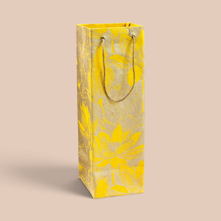 "Lotus" Handmade Golden Screen Printed Bottle Paper Bag For Festive Gifting