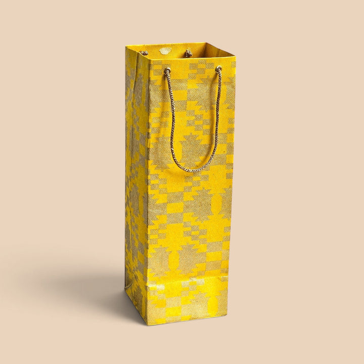 "Maze Puzzle" Jamdani Handmade Golden Screen Printed Bottle Paper Bag For Festive Gifting