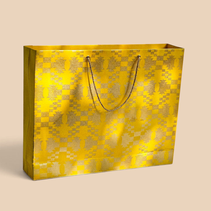 "Maze Puzzle Jamdani" Handmade Golden Screen Printed Large Paper Bag For Festive Gifting