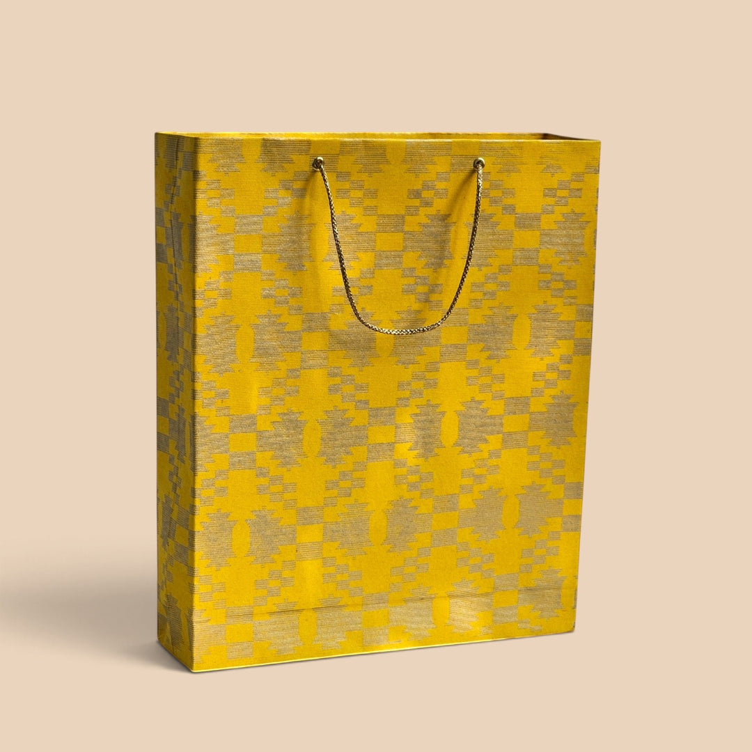 "Maze Puzzle" Jamdani Handmade Golden Screen Printed Medium Paper Bag For Festive Gifting