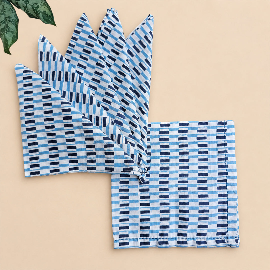 6 Pc | "Indigo Brick" Hand Block Printed Cotton Cloth Napkin Set For Festive Dining
