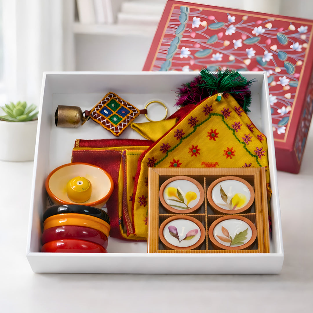 "Pichwai" Handmade Gift Hamper With Kasuti Toran, Etikoppaka Holders & Terracotta Candles For Festive Gifting