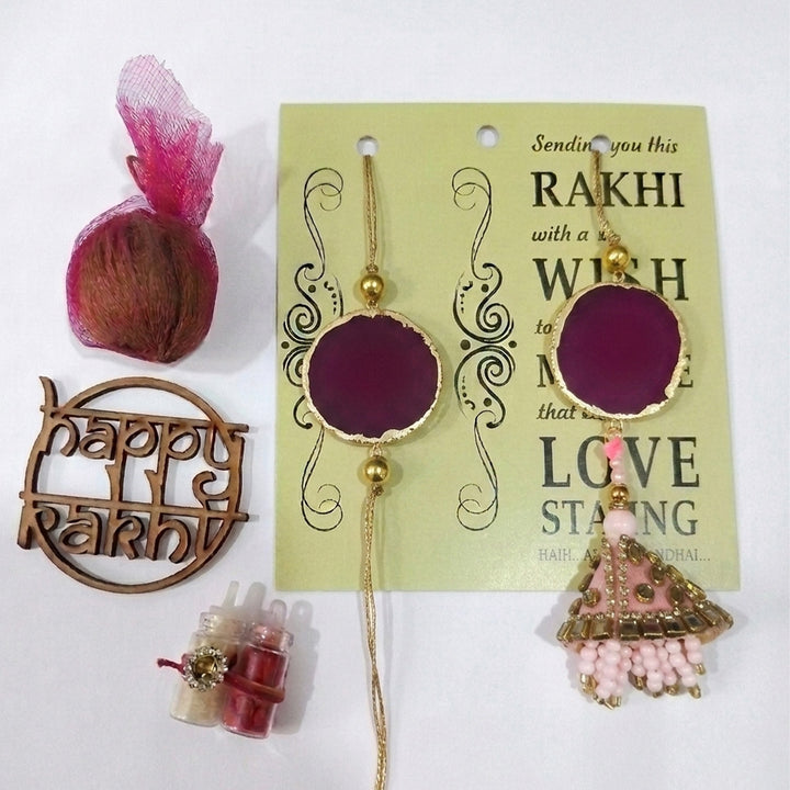 Handmade Pink Premium Agate Bhaiya Bhabhi Couple Rakhi And Lumba Set With Roli Chawal, Nariyal And Gift Box | Set of 2