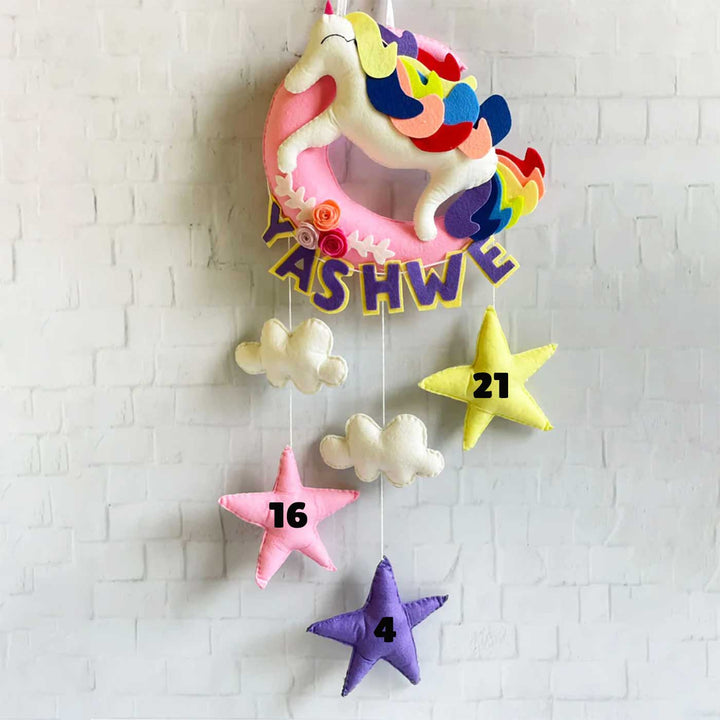 Handmade Unicorn On The Moon Kids Felt Name Hanging With Birthdate - Hanging Mobile Front View
