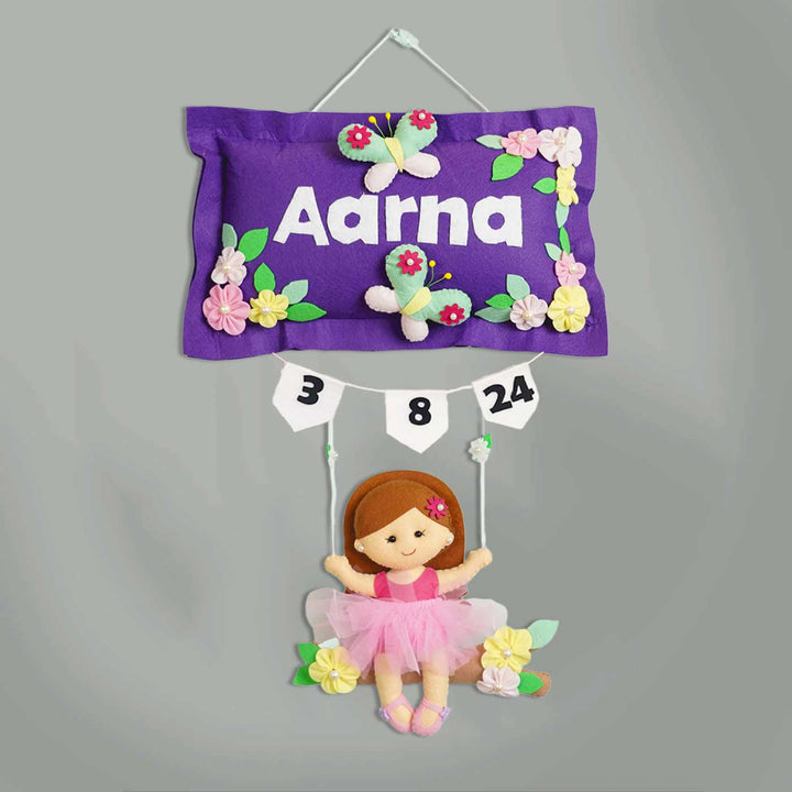 Hand Stitched Pillow Swing Theme Felt Kids Name Plate Purple - Front View Hanging on Wall