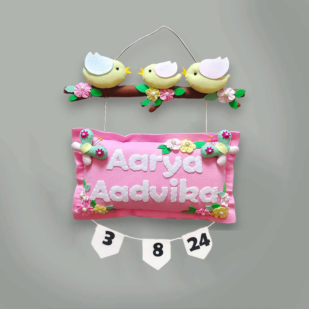 Hand Stitched Pillow Bird Themed Felt Kids Nameplate For Siblings - Front View with Name Personalization