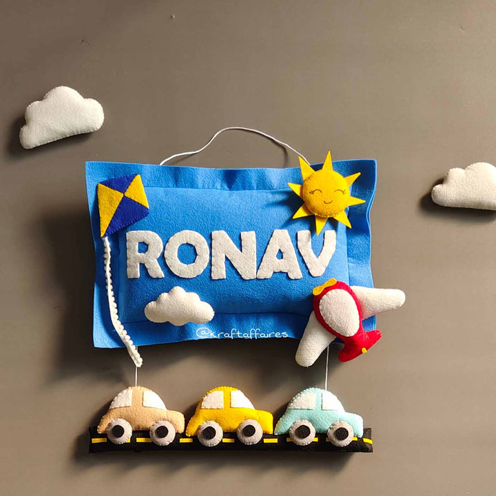 Hand-stitched Car Themed Pillow Felt Kids Name Plate for Boys