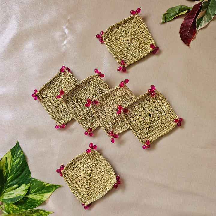 Handmade Crochet Pink Coaster | Set Of 6