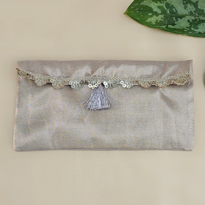 Set Of 2 | "Scallop" Handcrafted Tissue Fabric Gift Envelopes With Gota Edging And Tassel Detailing For Festive Gifting