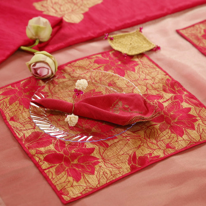 Handmade Lotus Classic Gift Hamper | Includes 1 Table Runner, 6 Table Mats, 4 Diyas, 4 Tealight Holders, 4 Battery Operated Tealights And 1 Gift Box