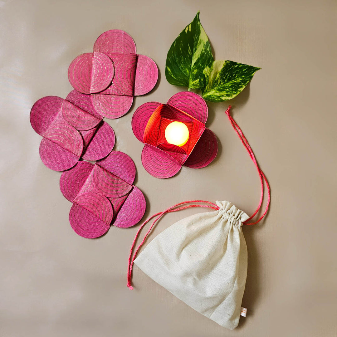 Handmade Lotus Classic Gift Hamper | Includes 1 Table Runner, 6 Table Mats, 4 Diyas, 4 Tealight Holders, 4 Battery Operated Tealights And 1 Gift Box