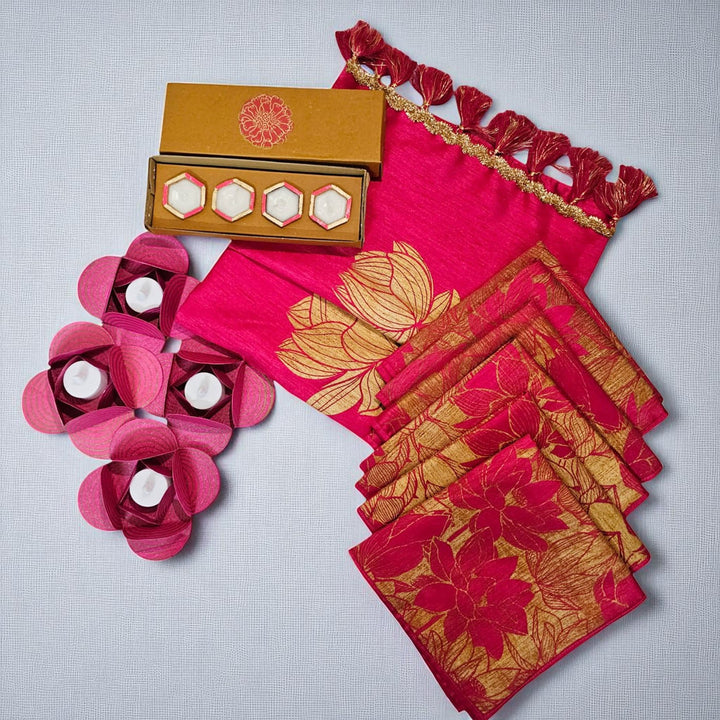 Handmade Lotus Classic Gift Hamper | Includes 1 Table Runner, 6 Table Mats, 4 Diyas, 4 Tealight Holders, 4 Battery Operated Tealights And 1 Gift Box