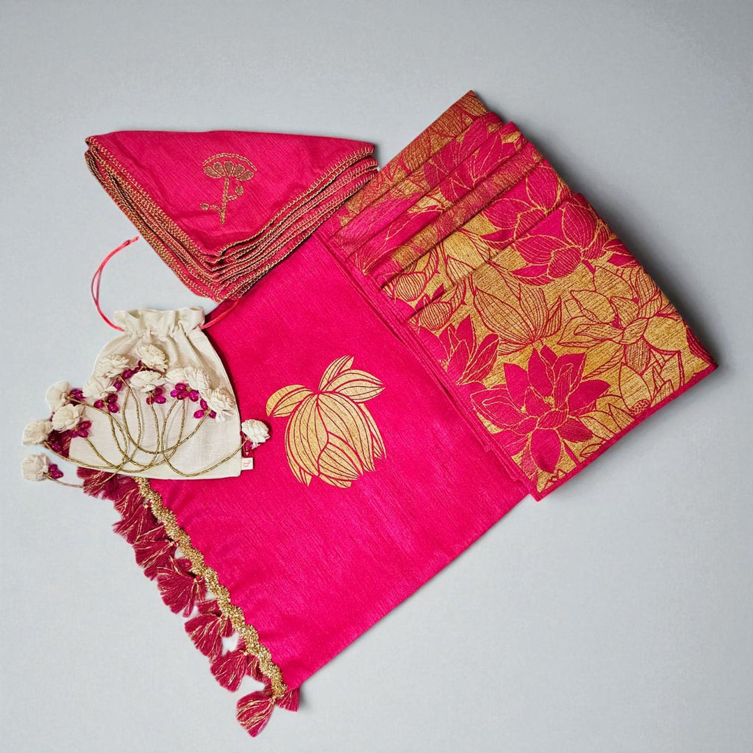 Handmade Lotus Grand Gift Hamper | Includes 1 Runner, 6 Table Mats, 6 Napkins, 6 Napkin Rings And 1 Gift Box