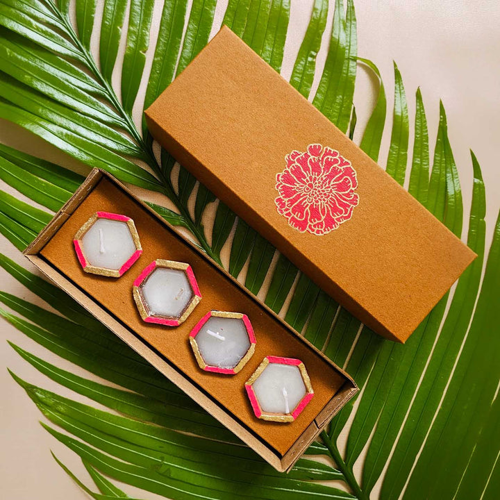 Handmade Pink Lotus Design Mini Gift Hamper | Includes 1 Silk Runner,1 Toran, 4 Diyas And 1 Gift Box