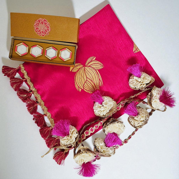 Handmade Pink Lotus Design Mini Gift Hamper | Includes 1 Silk Runner,1 Toran, 4 Diyas And 1 Gift Box