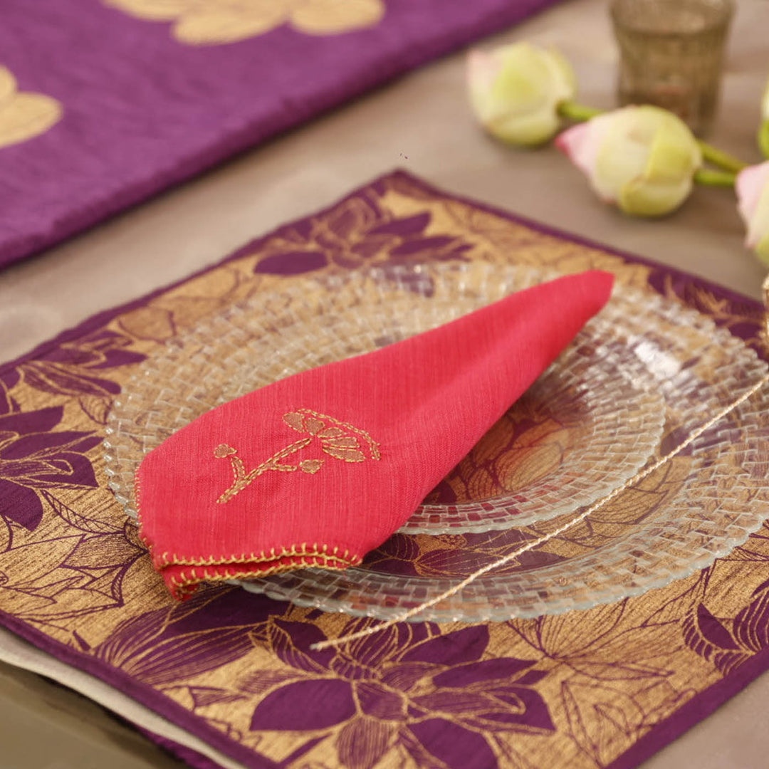 Handmade Pink Lotus Design Cotton Napkin | Set Of 6
