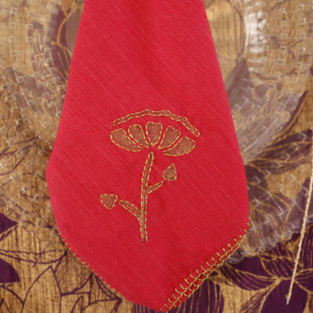 Handmade Pink Lotus Design Cotton Napkin | Set Of 6