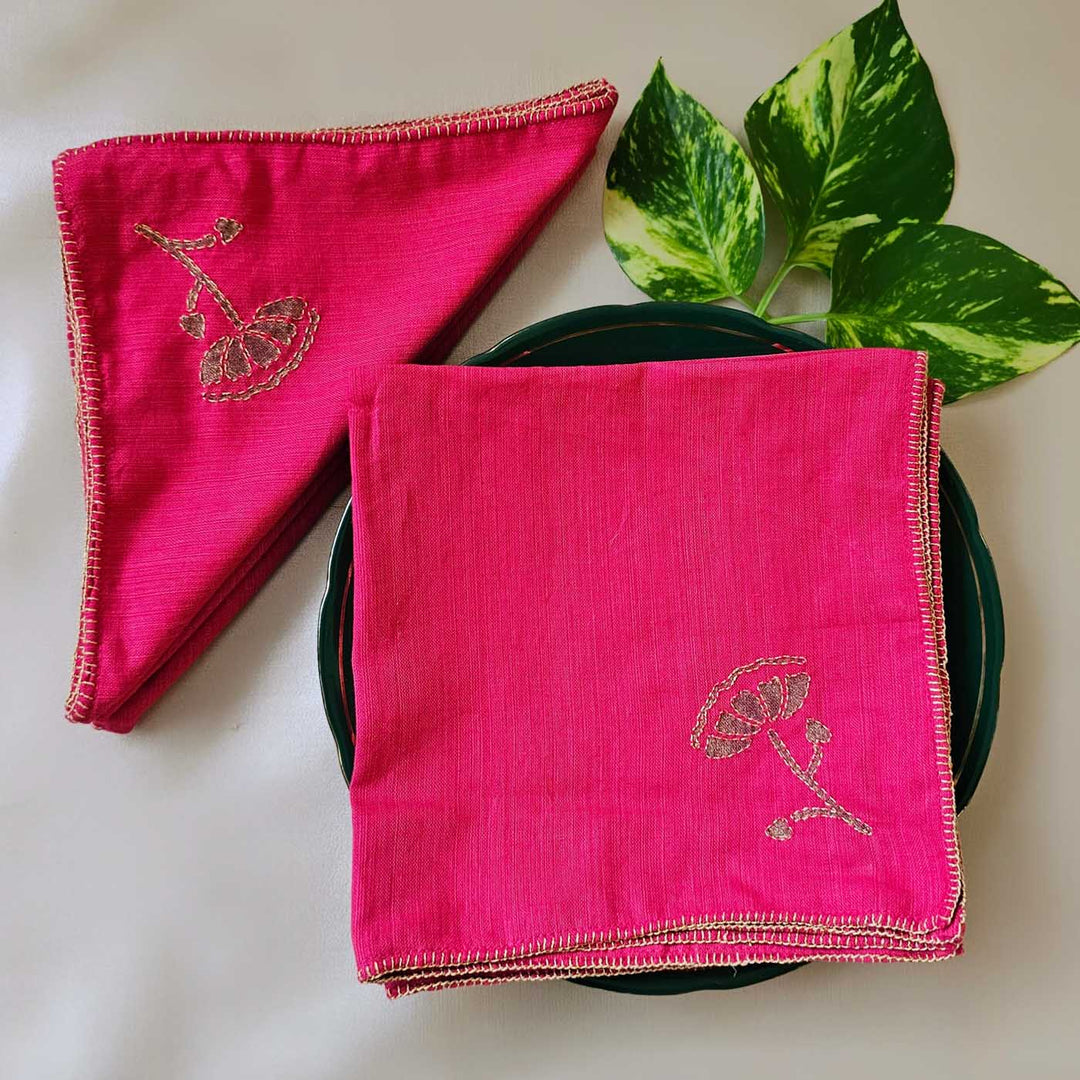 Handmade Pink Lotus Design Cotton Napkin | Set Of 6
