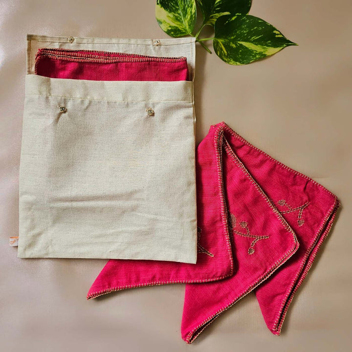 Handmade Pink Lotus Design Cotton Napkin | Set Of 6
