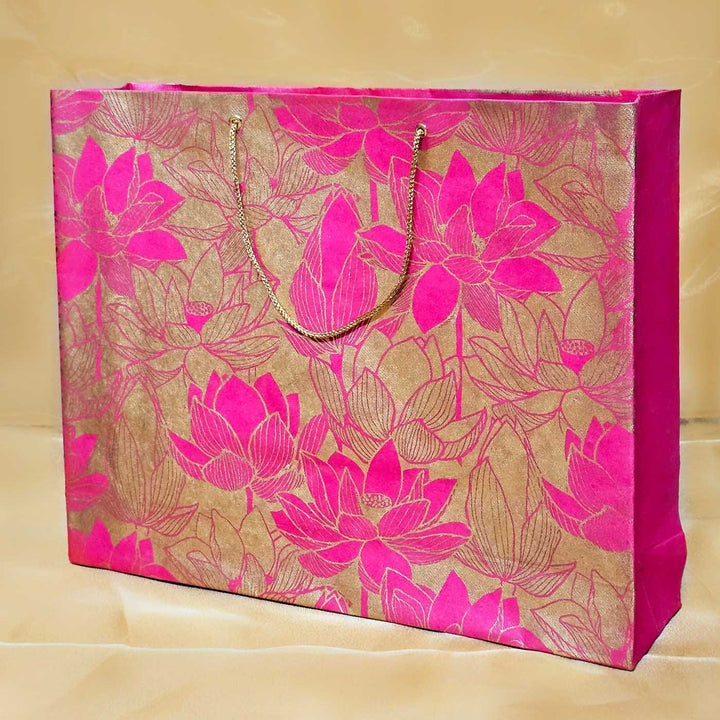Handmade Pink Lotus Design Paper Tote Bag | Set Of 3