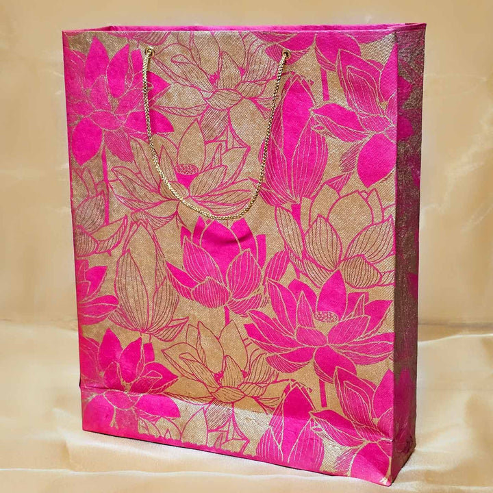 Handmade Pink Lotus Design Paper Tote Bag | Set Of 3