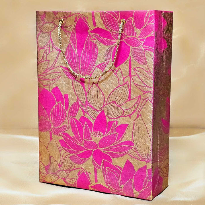 Handmade Pink Lotus Design Paper Tote Bag | Set Of 3