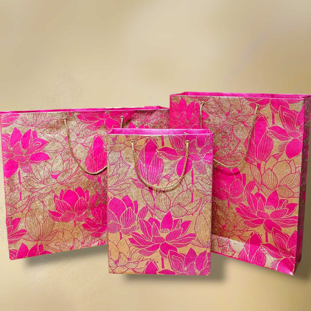Handmade Pink Lotus Design Paper Tote Bag | Set Of 3