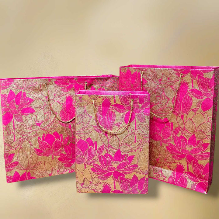 Handmade Pink Lotus Design Paper Tote Bag | Set Of 3