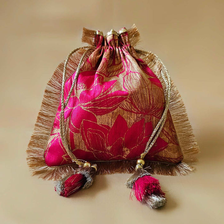 Handmade Pink Lotus Design Silk Potli