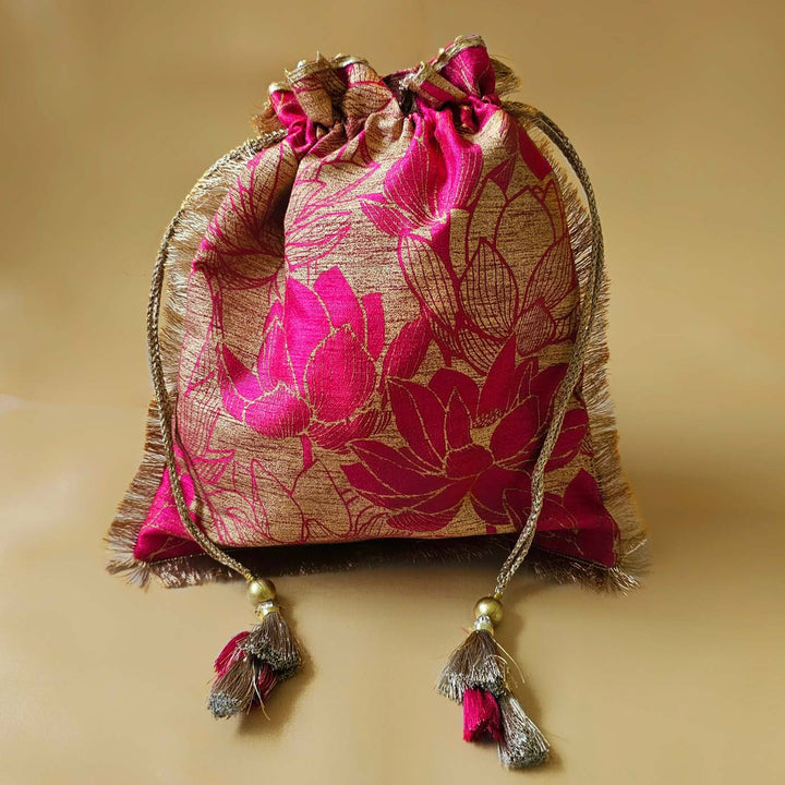 Handmade Pink Lotus Design Silk Potli