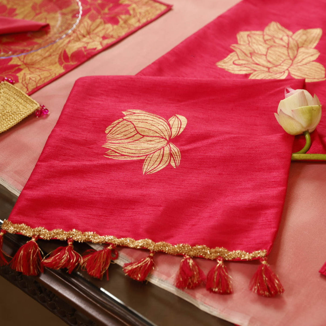 Handmade Pink Lotus Design Silk Table Runner