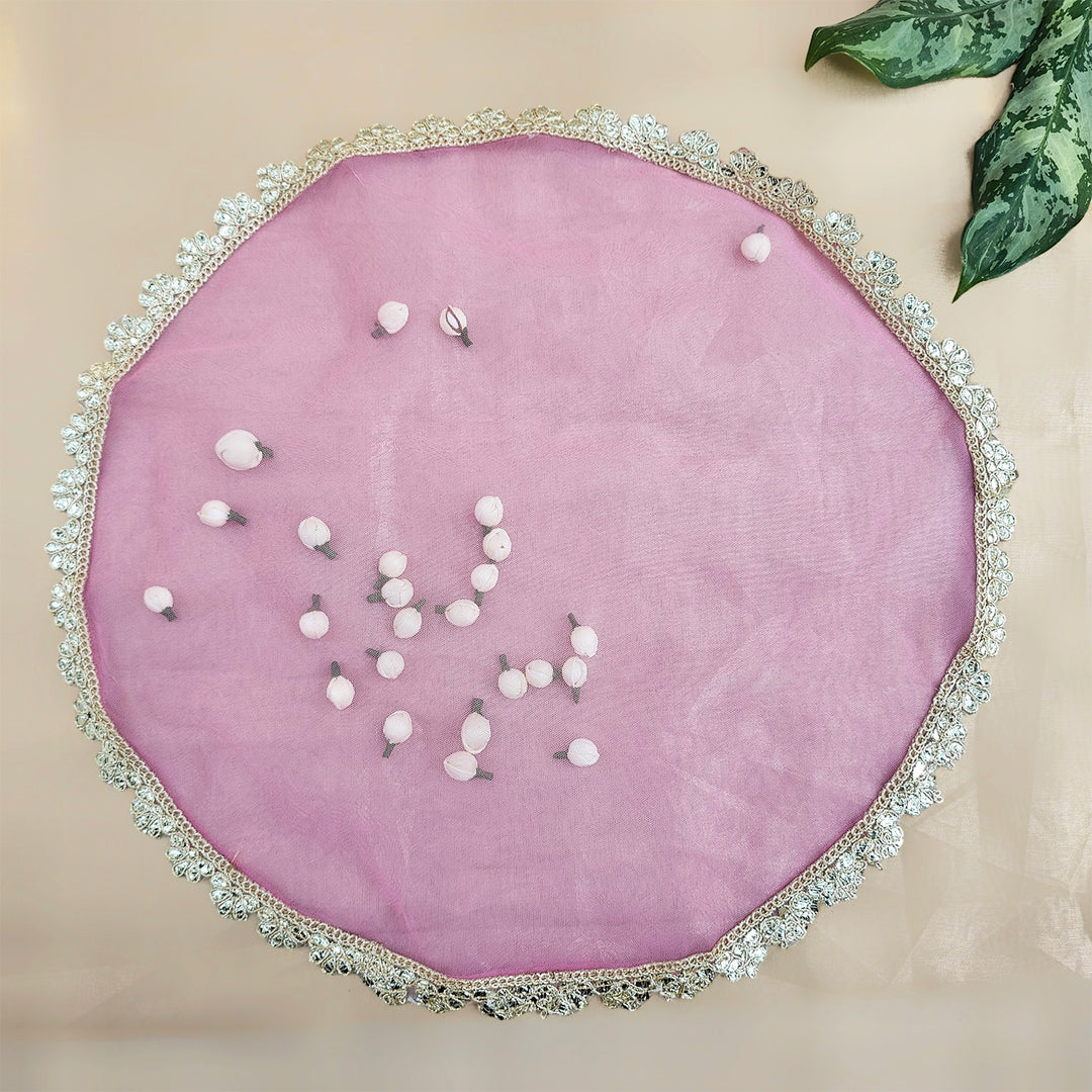 Sheer Net Thali/Tray Cover With Traditional Shola Florals For Festive Decor