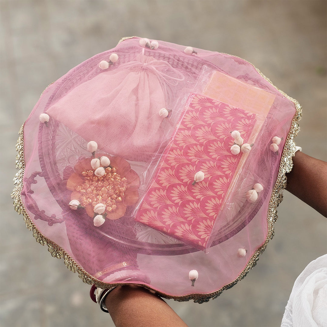 Sheer Net Thali/Tray Cover With Traditional Shola Florals For Festive Decor