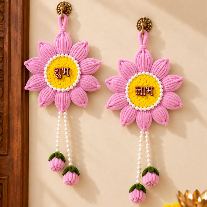 2 pc | Handmade Shubh Labh Floral Pipe Cleaner Hanging With Pearl Detailing For Diwali - Pink