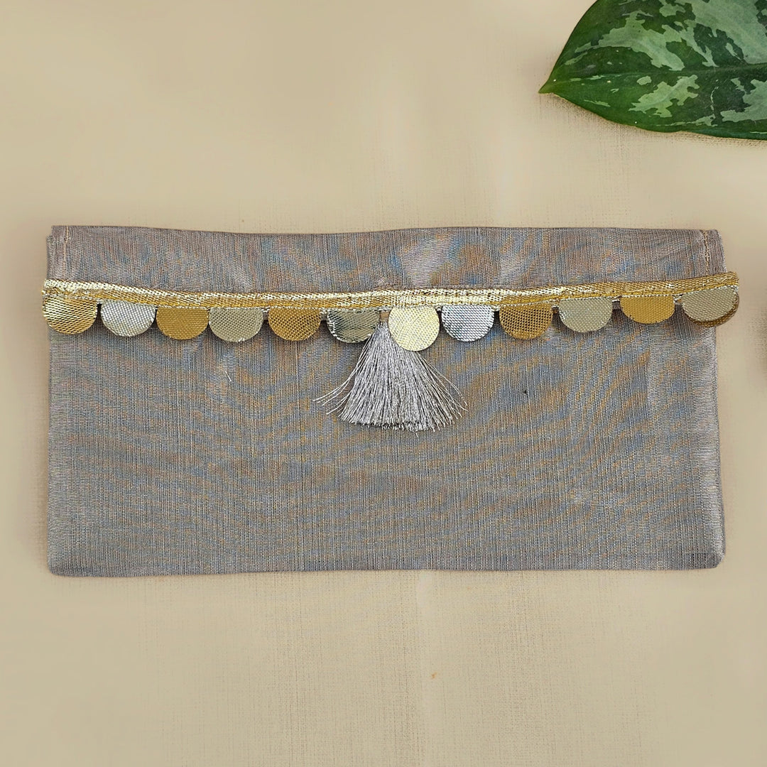 Set Of 2 "Sitara" Handcrafted Tissue Fabric Gift Envelopes With Gota Trim And Tassel Detailing For Festive Gifting