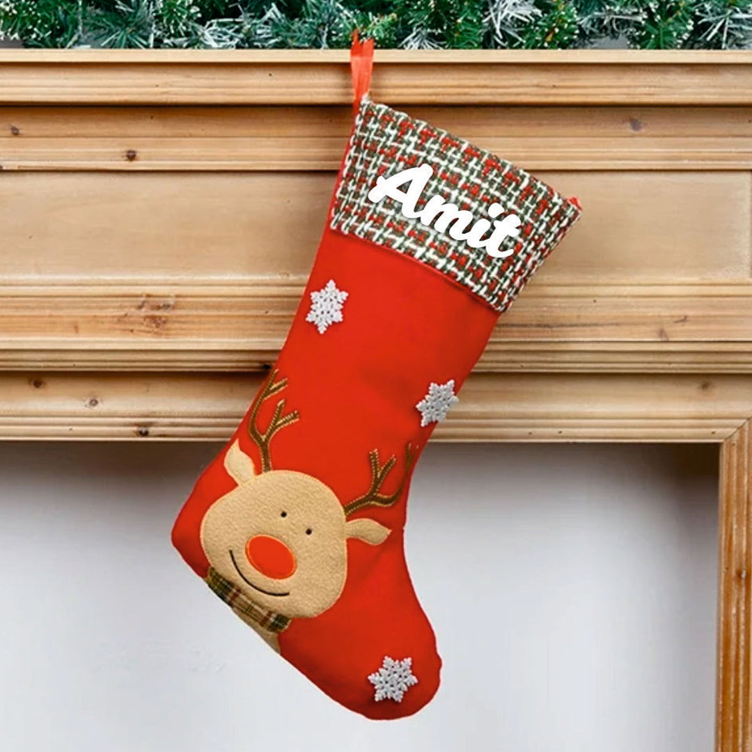 Personalized Handmade Plaid And Pine Reindeer Stocking
