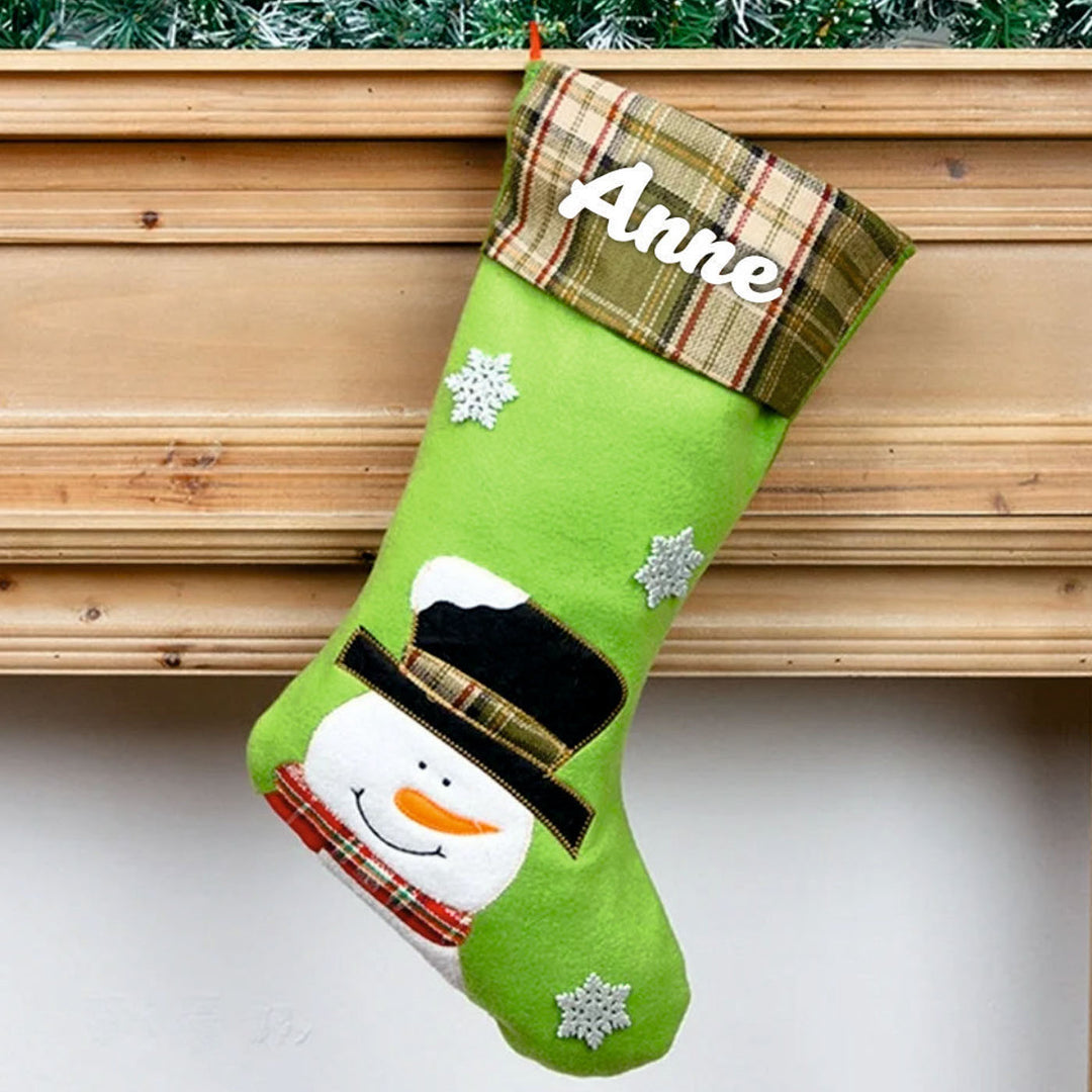 Personalized Handmade Plaid And Pine Snowman Stocking