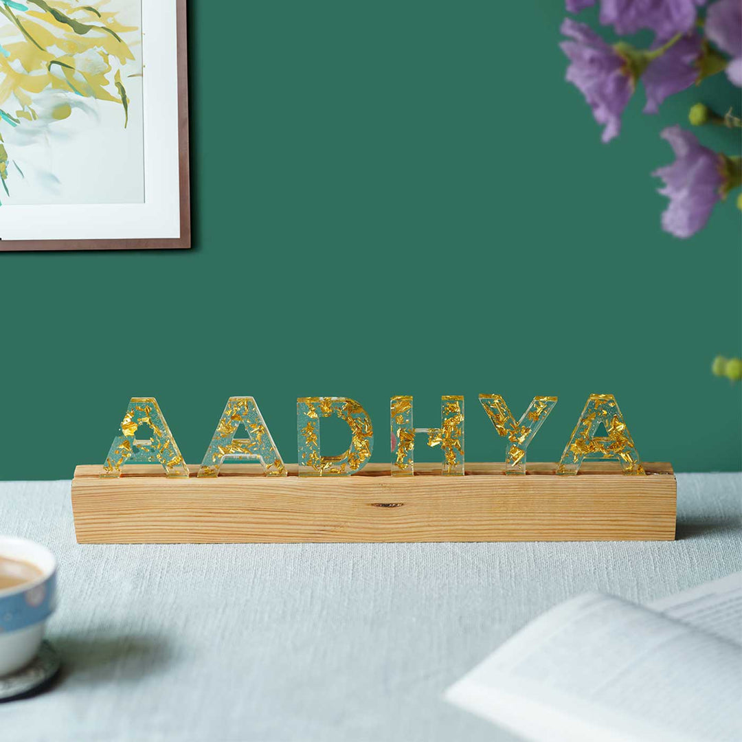 Handmade Resin White & Gold Tabletop Name Plate with LED Lights