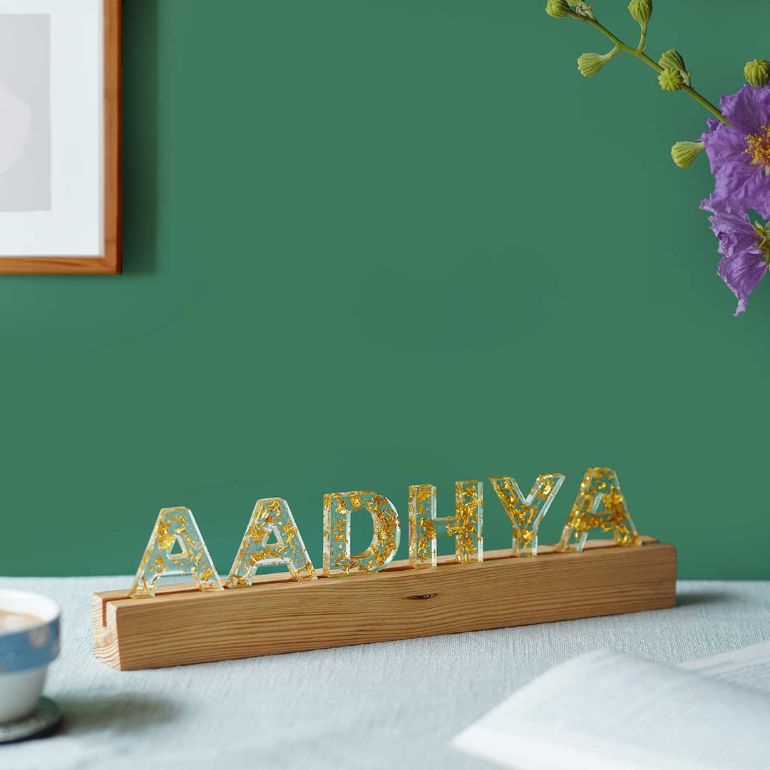 Handmade Resin White & Gold Tabletop Name Plate with LED Lights