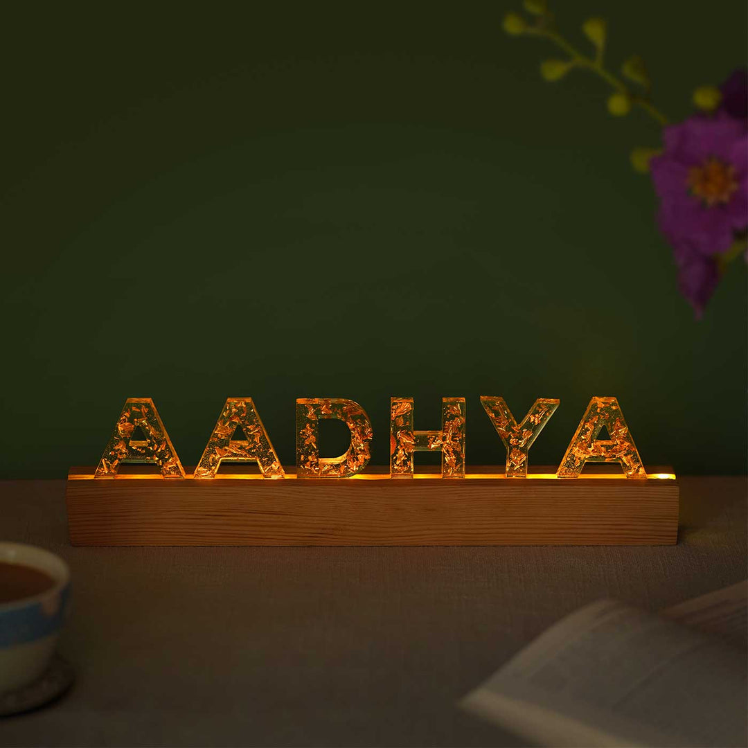 Handmade Resin White & Gold Tabletop Name Plate with LED Lights